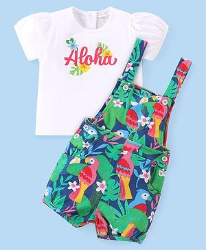 Babyhug Cotton Knit Half Sleeves T-Shirt & Dungaree Set with Tropical Theme- Multicolor