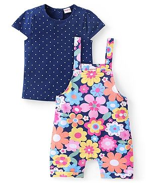 Babyhug Cotton Knit Dungaree and Half Sleeves Top Set Floral Print - Multicolor