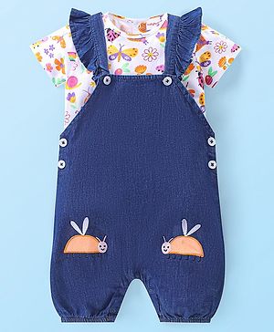 Babyhug Single Jersey Knit Dungaree with Half Sleeves Inner Tee Floral Print &  Bees Embroidery - White & Blue