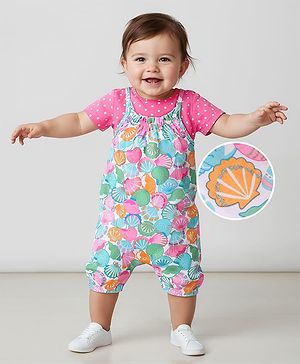 Babyhug Cotton Knit Dungaree and Half Sleeves T-Shirt Set with Polka Dot  Print - Multicolour
