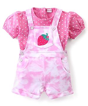 Babyhug Cotton Knit Fruity Embroidered Dungaree with Half Sleeves Inner Tee Polka Dots Print - Pink & White
