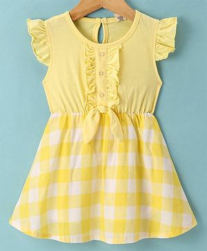 Dew Drops Sinker Frill Sleeves Frock with Checks Print - Yellow