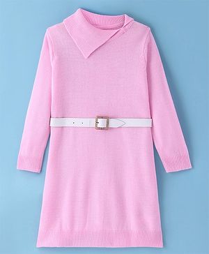 Pine Kids Full Sleeves Fine Knit Solid Woollen Dress with Belt - Light Pink