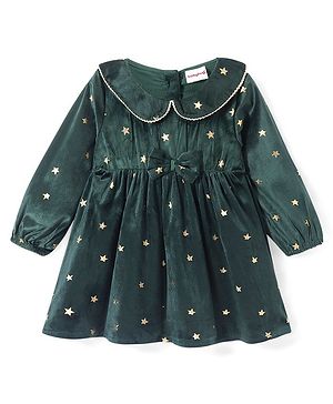 Babyhug Woven Full Sleeves Peter Pan Collar Frock With Foil Star Print & Bow Applique - Green