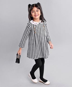 Babyhug Cotton Woven Full Sleeves Checkered Collared Frock with Floral Embroidery - Black & White