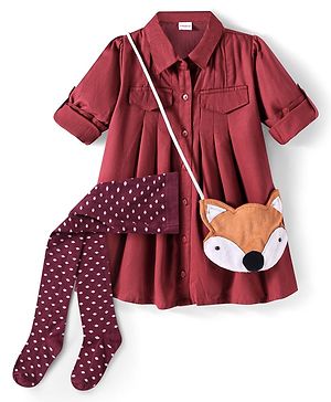 Babyhug Rayon Woven Full Sleeves Solid Color Frock with Leggings & Sling Bag - Dark Red