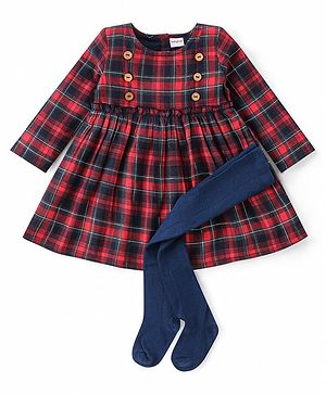 Babyhug Cotton Woven Full Sleeves Checked Frock with Leggings - Red