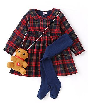 Babyhug Cotton Woven Full Sleeves Checkered Peter Pan Collared Frock with Leggings & Teddy Sling - Navy Blue & Red