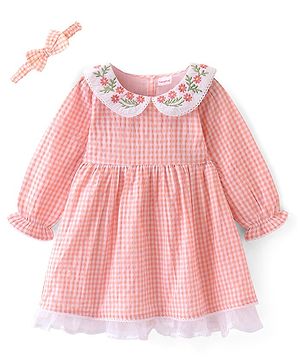 Babyhug Cotton Woven Full Sleeves Checked Frock with Floral Embroidered Peter Pan Collar & Head Band-  Coral