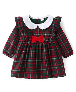 Babyhug Cotton Woven Full Sleeves Checked Frock with Ruffle Detailing & Bow Applique - Green