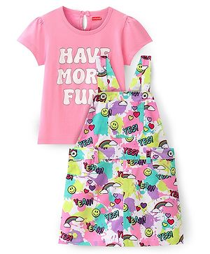 Babyhug Cotton Woven Half Sleeves T-Shirt With Frock Text & Heart Print - Multicolor