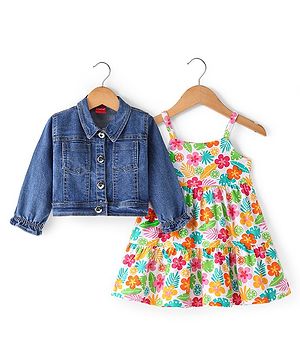 Babyhug Single Jersey Knit Floral Printed Frock with Full Sleeves Denim Jacket - White