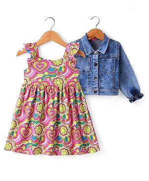 Babyhug Single Jersey Knit Floral Printed Frock With Full Sleeves Denim Jacket - Multicolor