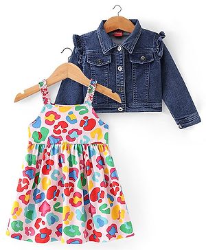 Babyhug Single Jersey Knit Abstract Printed Frock With Full Sleeves Denim Jacket - Multicolor