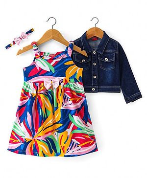 Babyhug Single Jersey Knit Abstract Printed Frock With Full Sleeves Denim Jacket & Headband - Multicolor