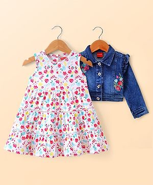 Babyhug Single Jersey Knit Floral Printed Frock With Full Sleeves Floral Embroidered Denim Jacket - White & Blue