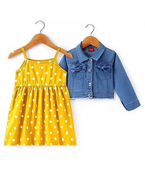 Babyhug Cotton Knit Frock with Full Sleeves Denim Jacket & Polka Dots Print - Yellow