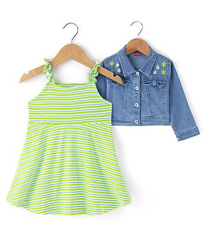 Babyhug Single Jersey Knit Full Sleeves Floral Embroidered Jacket  & Striped Frock - Light Green & Blue