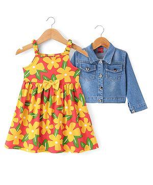 Babyhug Cotton Knit Floral Printed Frock With Full Sleeves Denim Jacket - Dark Pink Yellow & Blue