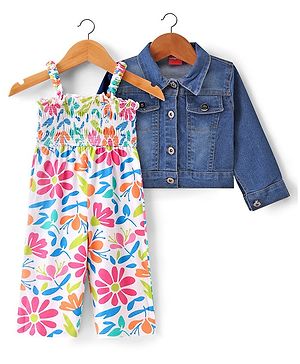 Babyhug Single Jersey Floral Printed Jumpsuit with Full Sleeves Denim Jacket - White & Navy Blue