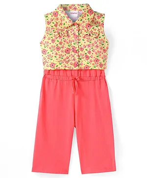 Babyhug Single Jerssey Knit
                              Sleeveless Jumpsuit with Floral Printed
                              Collared Top - Coral