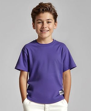 Pine Kids Cotton Knit Half Drop Shoulder Sleeves Oversized T-Shirt With Badge - Purple
