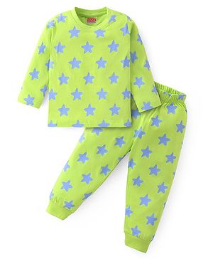 Babyhug Cotton Knit Full Sleeves Night Suit With Stars Print -Green