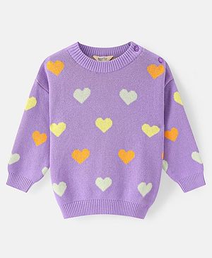 Bonfino 100% Cotton Knit Full Sleeve Drop Shoulder Pullover with Heart Design- Lavender