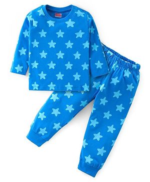 Babyhug Cotton Knit Full Sleeves Night Suit With Stars Print - Blue