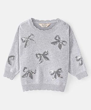 Bonfino Cotton Knit Full Sleeve Drop Shoulder Pullover with Sequined Bow Embroidery- Grey