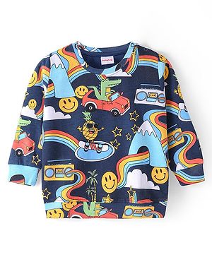 Babyhug Cotton Knit Full Sleeves Sweatshirt With Dino Print- Multicolor