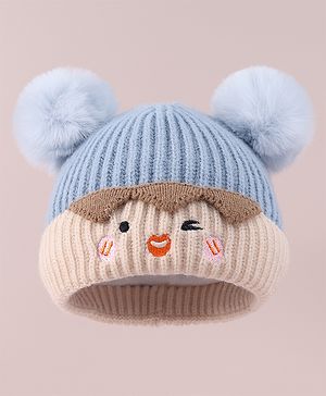 Babyhug Cable Knitted Woollen Cap with Pom Pom - Blue