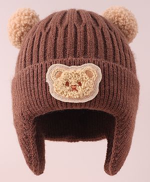 Babyhug Cable Knitted Pom Pom Woollen Cap with Teddy Bear Applique - Brown