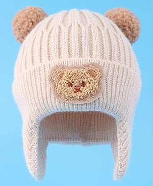 Babyhug Cable Knitted Pom Pom Woollen Cap with Teddy Bear Applique - Beige