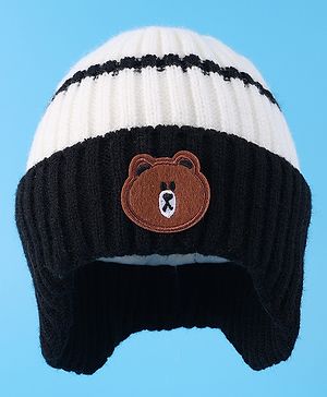 Babyhug Cable Knitted Woollen Cap with Teddy Bear Applique - Black
