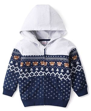 Babyhug Cotton Knit Full Sleeves Front Open Sweat Jacket with Hood Zipper & Teddy Print - Multicolour