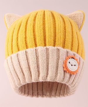 Babyhug Cable Knitted Woollen Cap with Ear Applique - Yellow