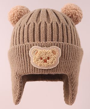 Babyhug Cable Knitted Woollen Cap with Teddy Bear Applique & Pom Pom - Khaki