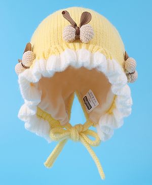 Babyhug Bow Applique Woollen Cap with Knot - Yellow