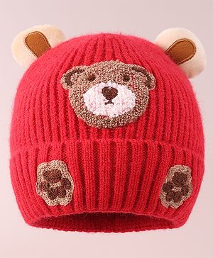 Babyhug Cable Knit Woollen Cap with Teddy Bear Ear Applique - Red