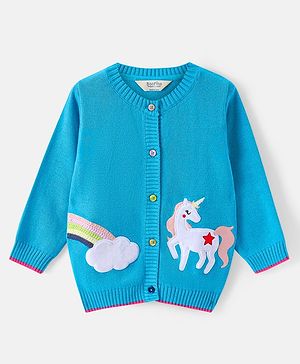 Bonfino 100% Cotton Knit Full Sleeve Front Open Sweaters with Rainbow & Unicorn Embroidery-Blue