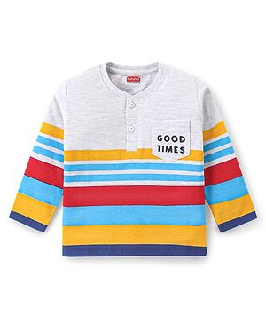 Babyhug 100% Cotton Knit Full Sleeves Striped T-Shirt with Pocket & Text Print - Multicolour