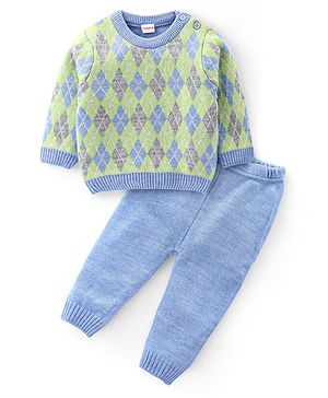 Babyhug Knit Full Sleeves Sweater Set with Argyle Design - Light Blue