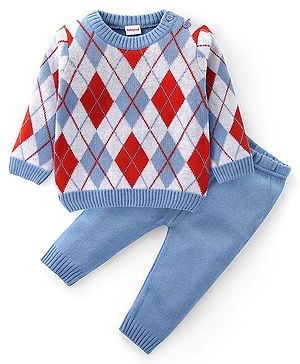 Babyhug Knit Full Sleeves Sweater Set with Argyle Design - Blue