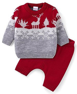 Babyhug Knitted Full Sleeves Christmas Theme Printed Sweater Set - Dark Red & Grey