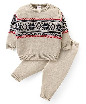 Babyhug Knit Full Sleeves Sweater Set Aztec Design - Beige