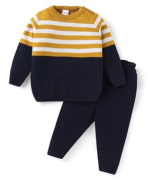 Babyhug Knitted Full Sleeves Pullover Sweater Set with Stripes & Colour Block Design - Mustard