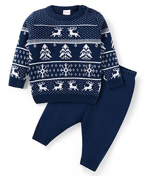 Babyhug Knitted Full Sleeves Pullover Sweater Set with Reindeer Design - Navy Blue