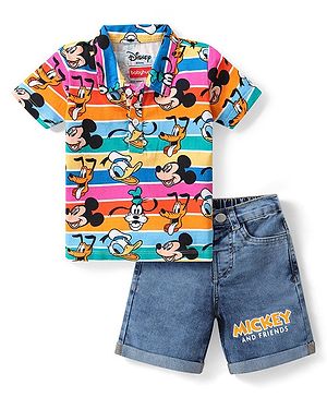 Babyhug Disney Single Jersey Knit Half Sleeve T-Shirt and Denim Shorts with Mickey Mouse Graphics- Multicolor