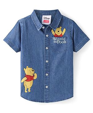 Babyhug Disney  Denim Woven Half Sleeve Regular Collar Shirt with Winnie the Pooh Graphics - Navy Blue